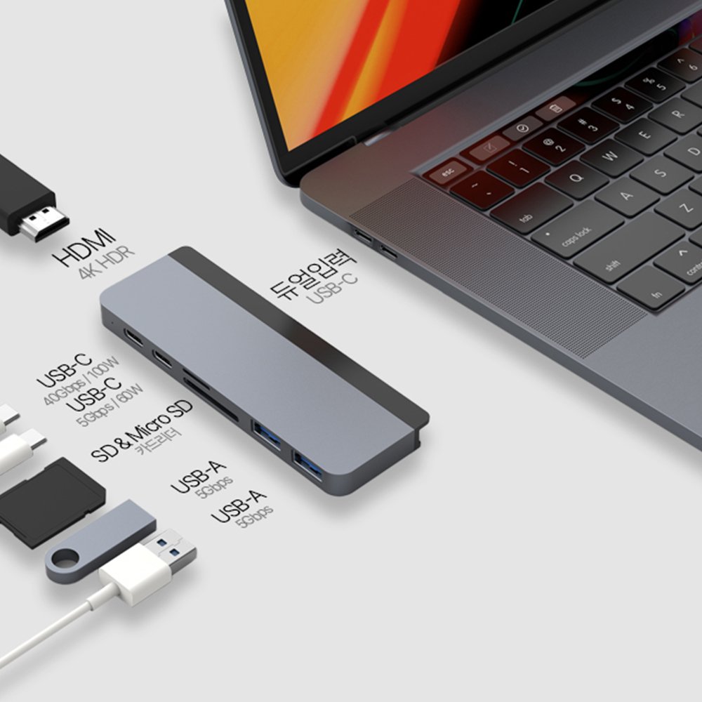 노트북 PC 듀얼모니터 맥북 C타입 7포트 hdmi 확장 허브+연장케이블 상세 이미지 2