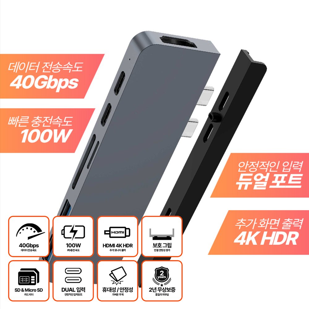 노트북 PC 듀얼모니터 맥북 C타입 7포트 hdmi 확장 허브+연장케이블 상세 이미지 2